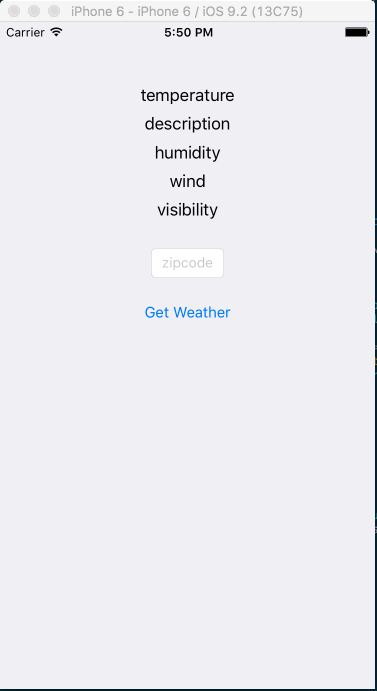 picture of iOS Simulator loading weather in a barebones app.